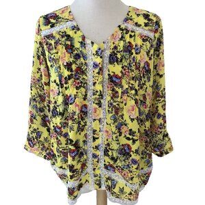 NY CollectionWomen's Floral Tunic Top Size Petite Medium Lace Trim Pleated Boho